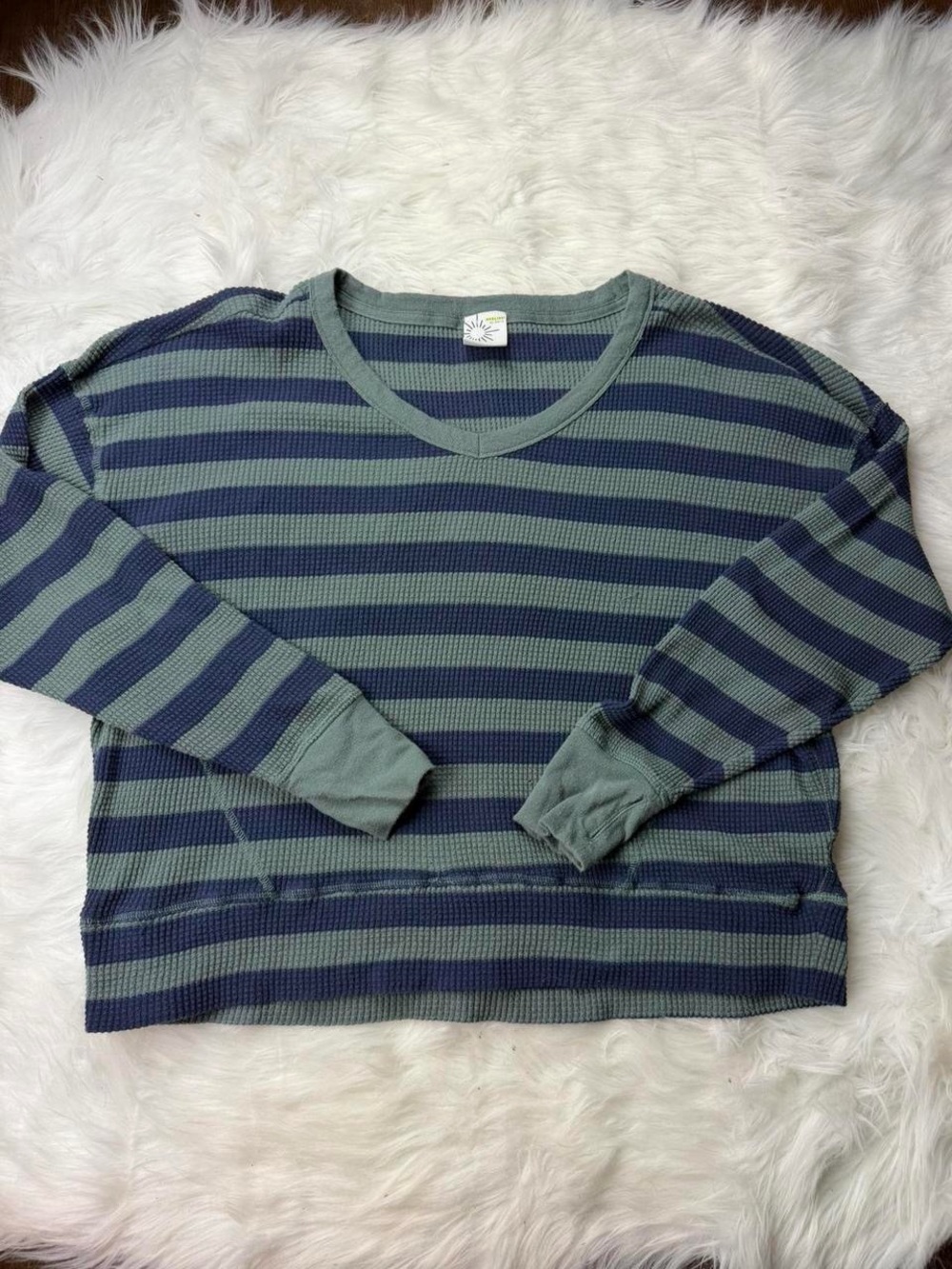 Striped V-Neck Waffle Knit Sweater in Sage and Navy